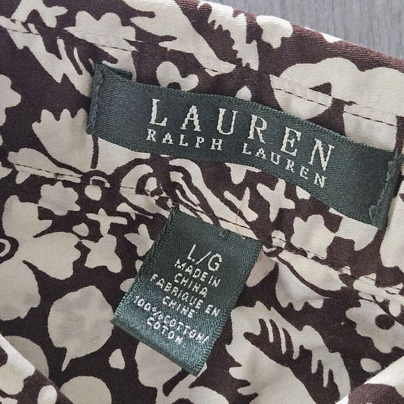 Lauren Ralph Lauren Brown Floral Button Up Shirt 3/4 Sleeve Cotton Lightweight L - Picture 3 of 7